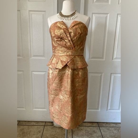 Theia Strapless Sheath Dress Gold Bronze Floral Size 4 - Picture 1 of 11